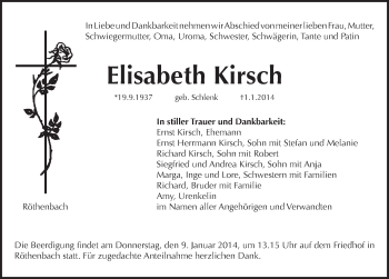 Traueranzeige von Elisabeth Kirsch von Pegnitz-Zeitung